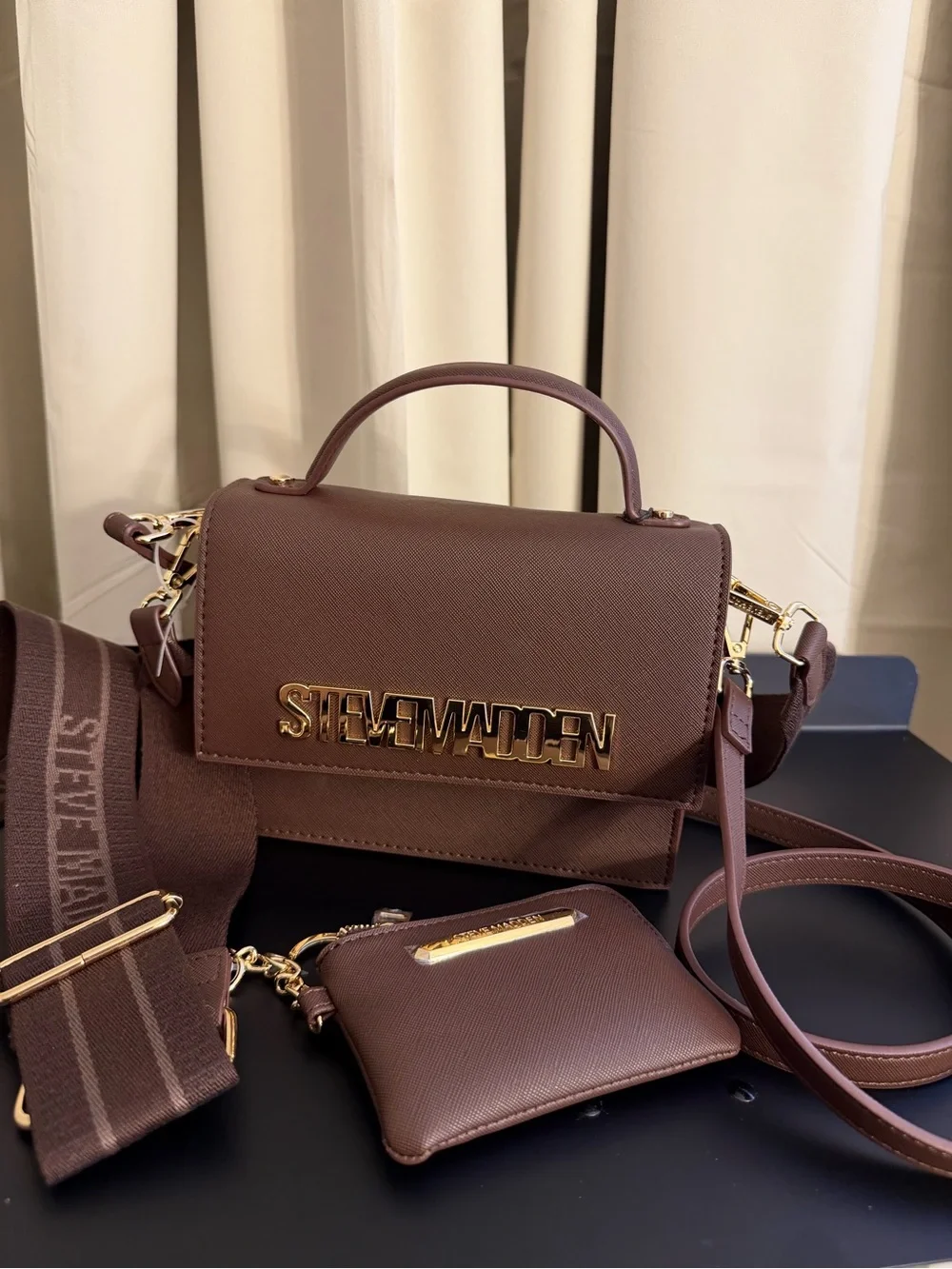 Steve Madden Brown Saffiano Top-Handle Satchel with Gold Logo